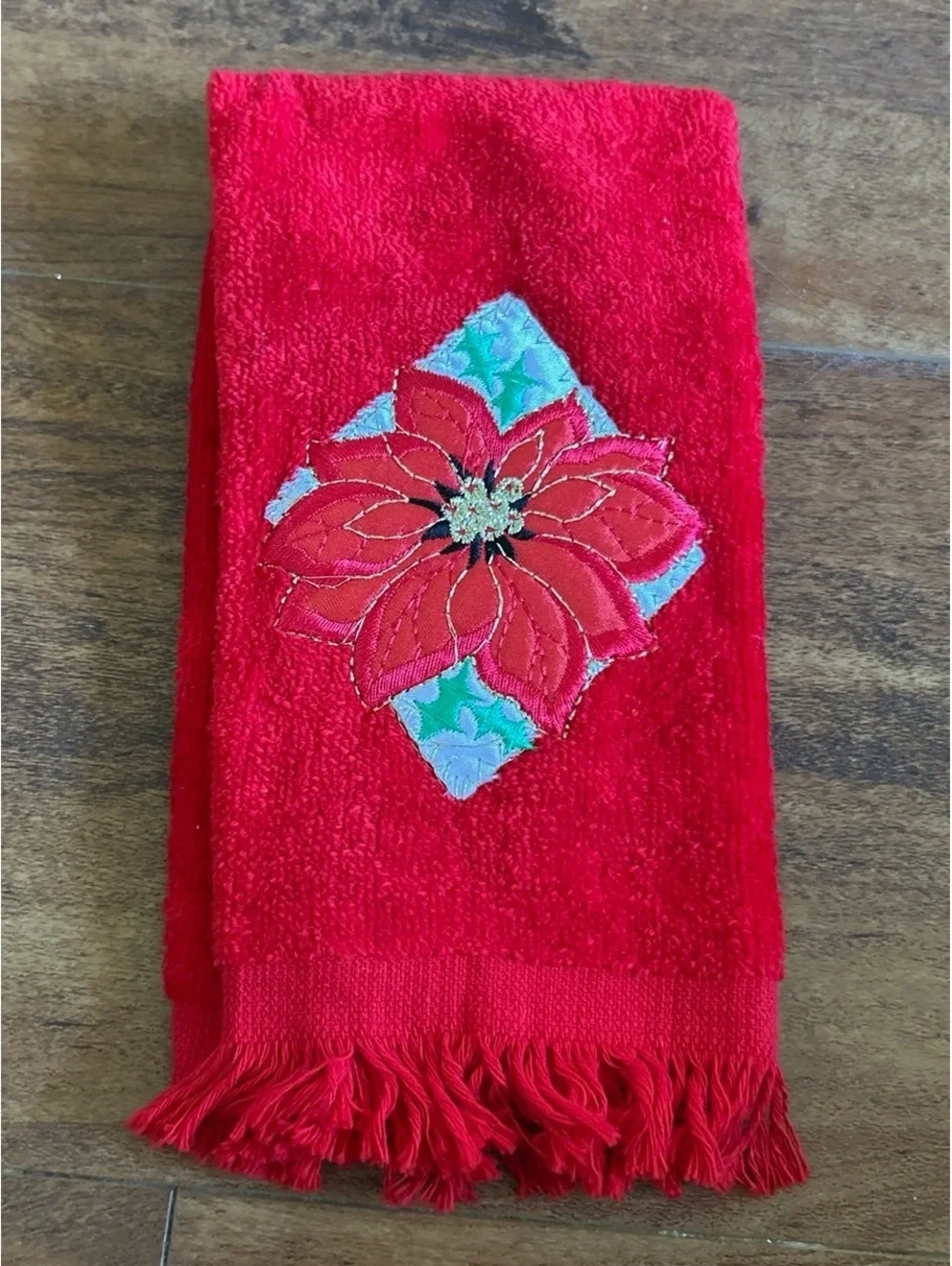 Set of 3 Festive Embroidered Christmas Hand Towels with Fringe